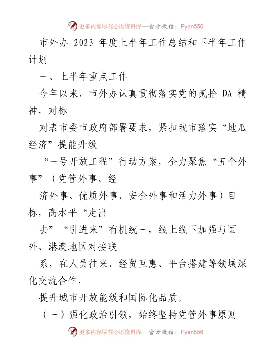 [工作总结] 市外办 - 2023年度上半年工作总结及下半年工作计划.docx_第1页