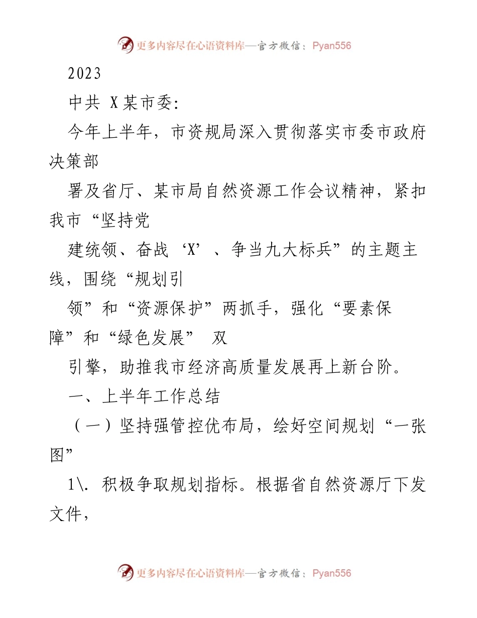 [工作总结] 市资规局上半年工作汇报 - 加强规划引领与资源保护，助推经济高质量发展.docx_第1页