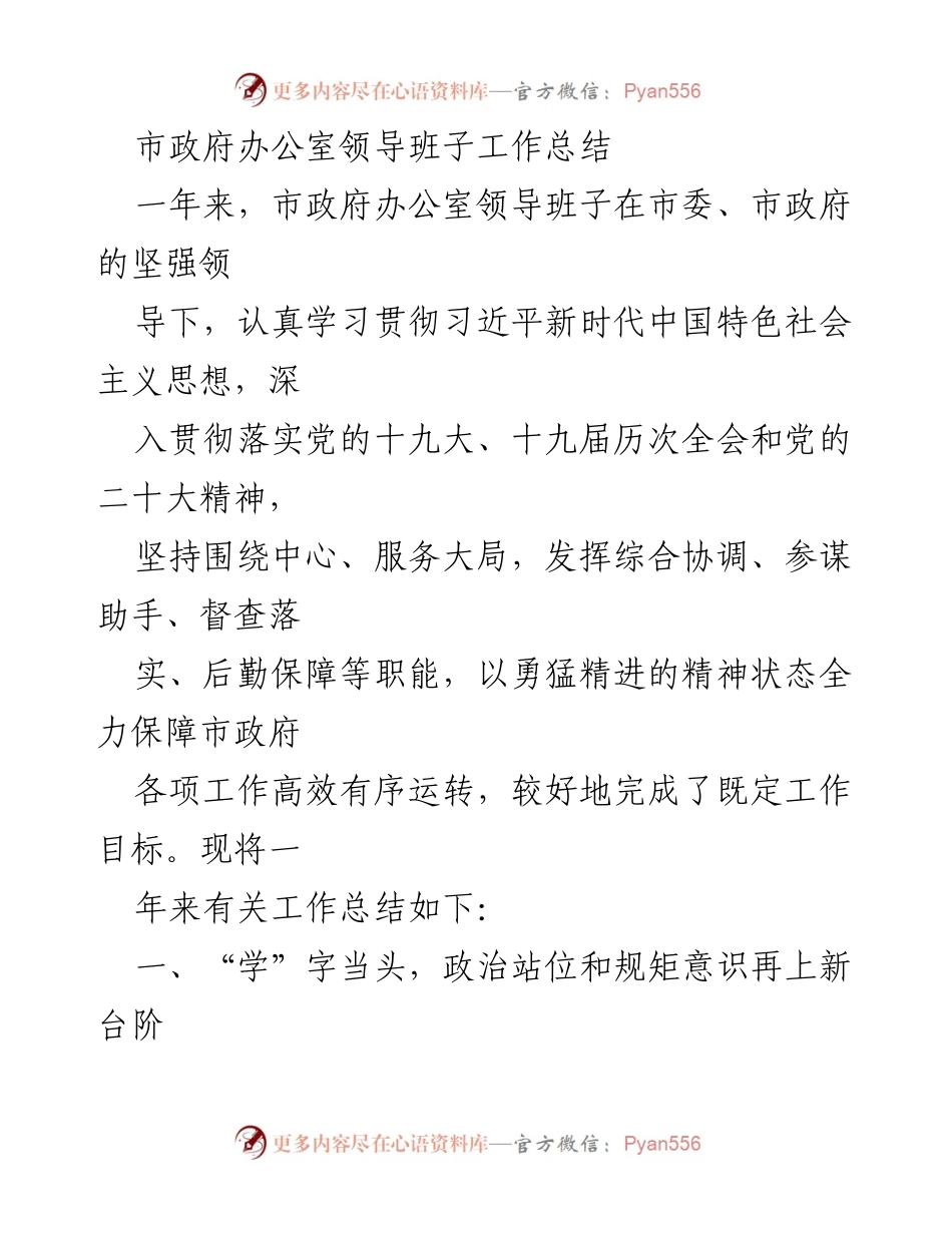 [工作总结] 市政府办公室 - 一年来市政府办公室领导班子工作总结与成效分析.docx_第1页