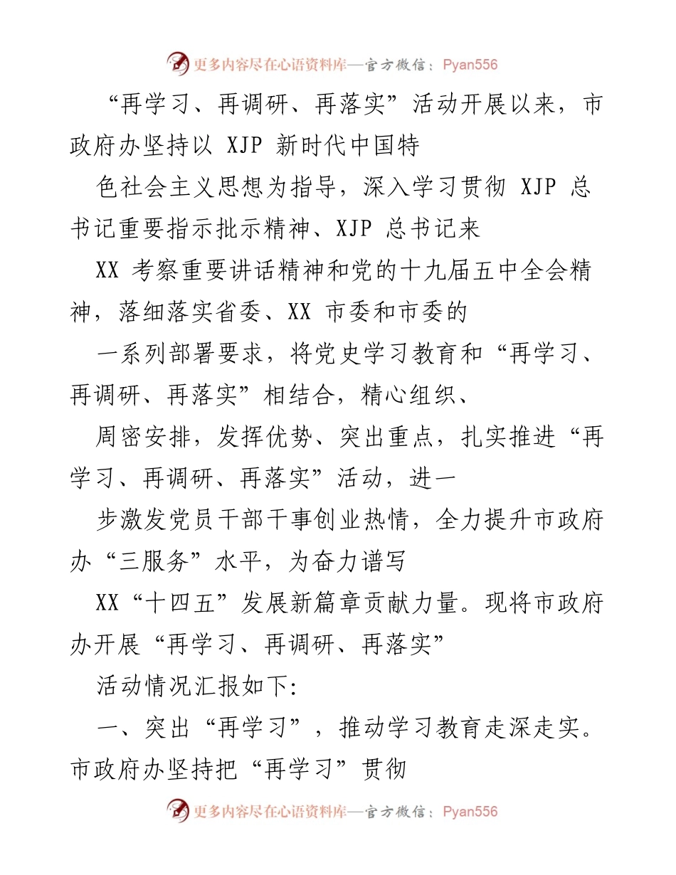 [工作总结] 市政府办 - 市政府开展“再学习、再调研、再落实”活动情况汇报.docx_第1页