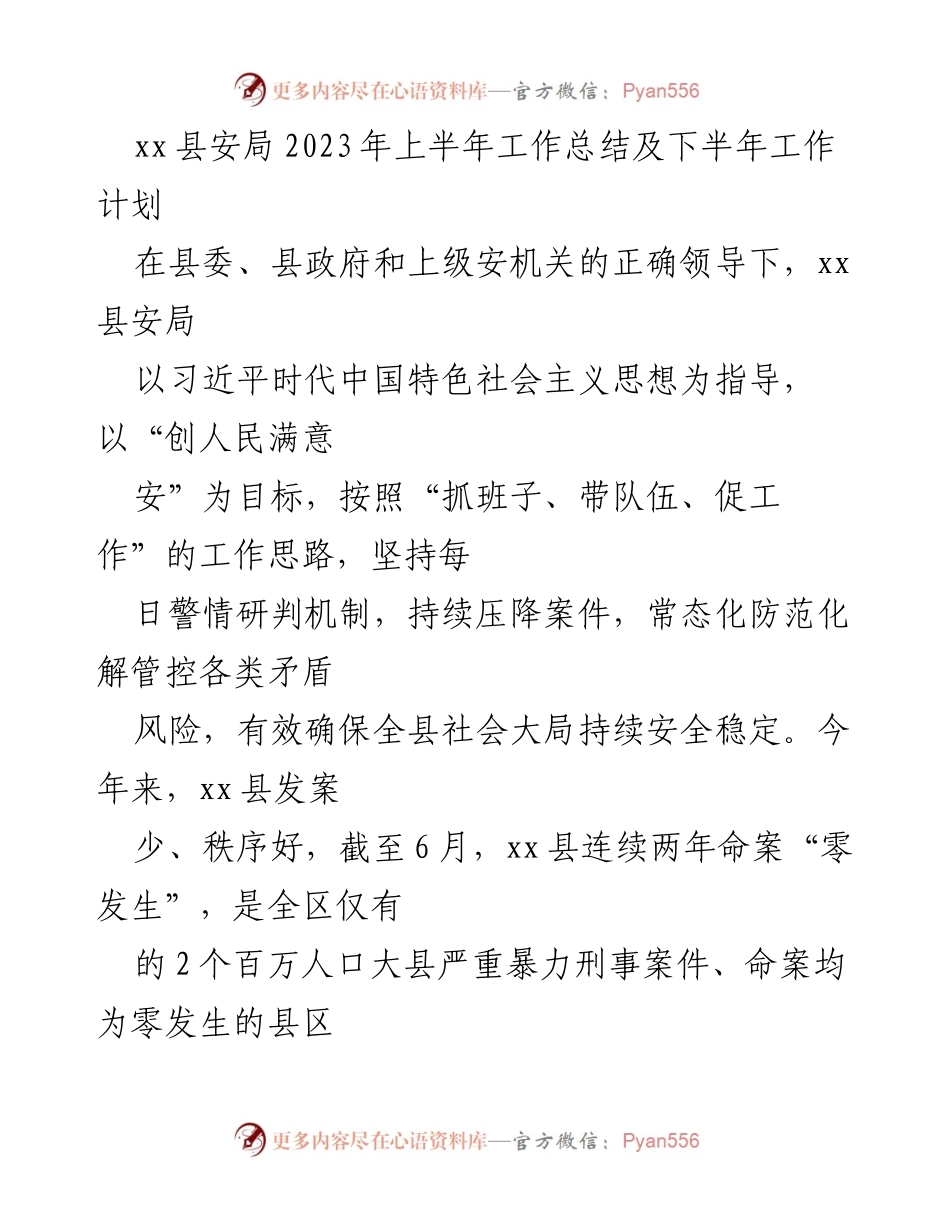 [工作总结] 安全工作会议 - xx县安局2023年上半年工作总结及下半年工作计划.docx_第1页