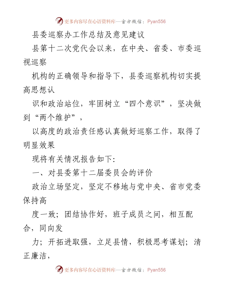 [工作总结] 巡察工作 - 县委巡察办工作总结及意见建议.docx_第1页