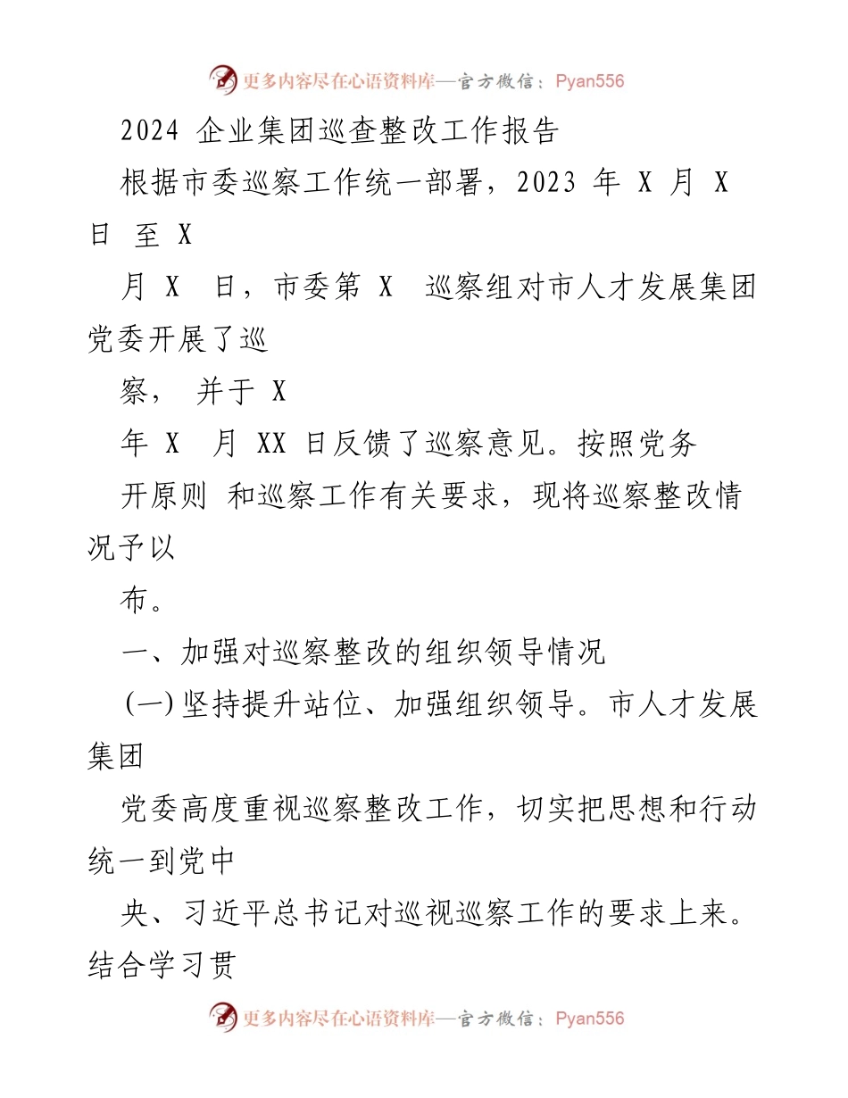 [工作总结] 巡察整改 - 2024 年市人才发展集团巡察整改工作总结报告.docx_第1页