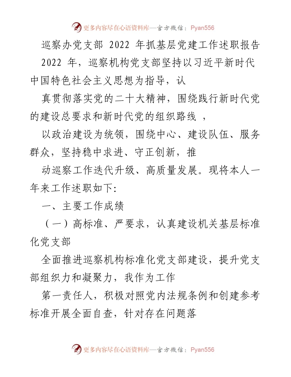 [工作总结] 巡察机构党支部 - 2022年巡察办党支部党建工作述职报告.docx_第1页