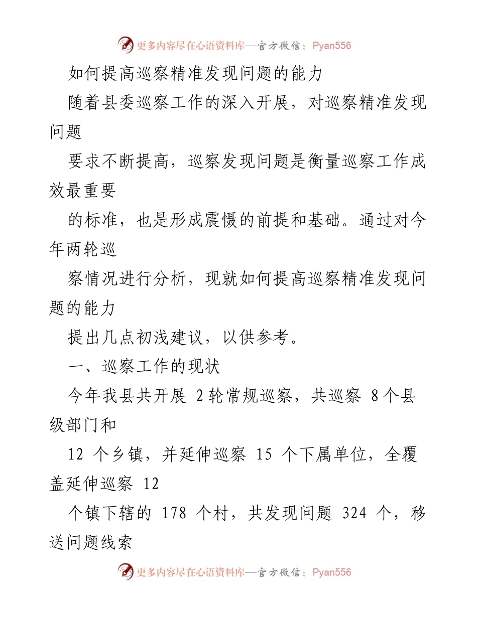 [工作总结] 巡察工作 - 提高巡察精准发现问题能力的建议_1.docx_第1页