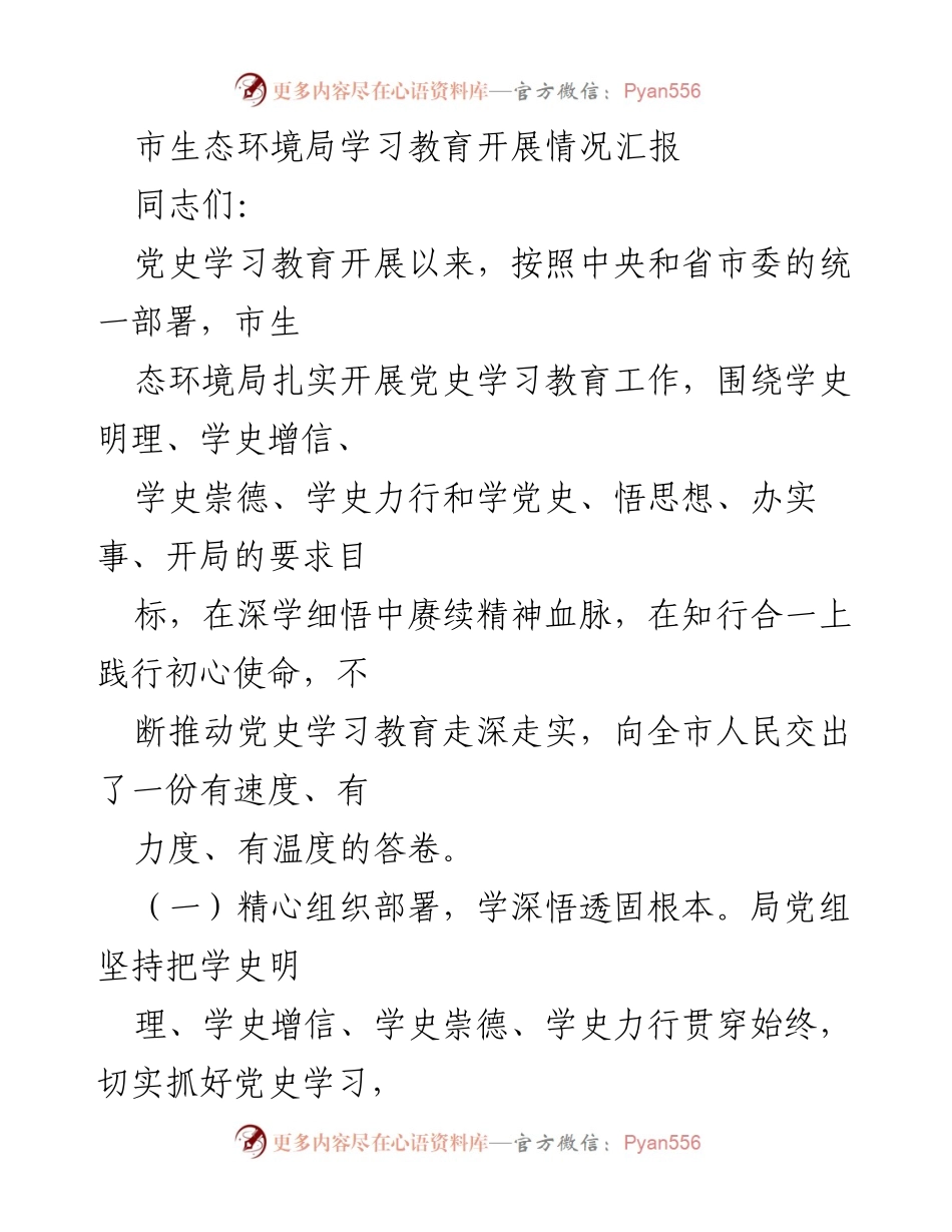 [工作总结] 市生态环境局 - 党史学习教育开展情况汇报.docx_第1页
