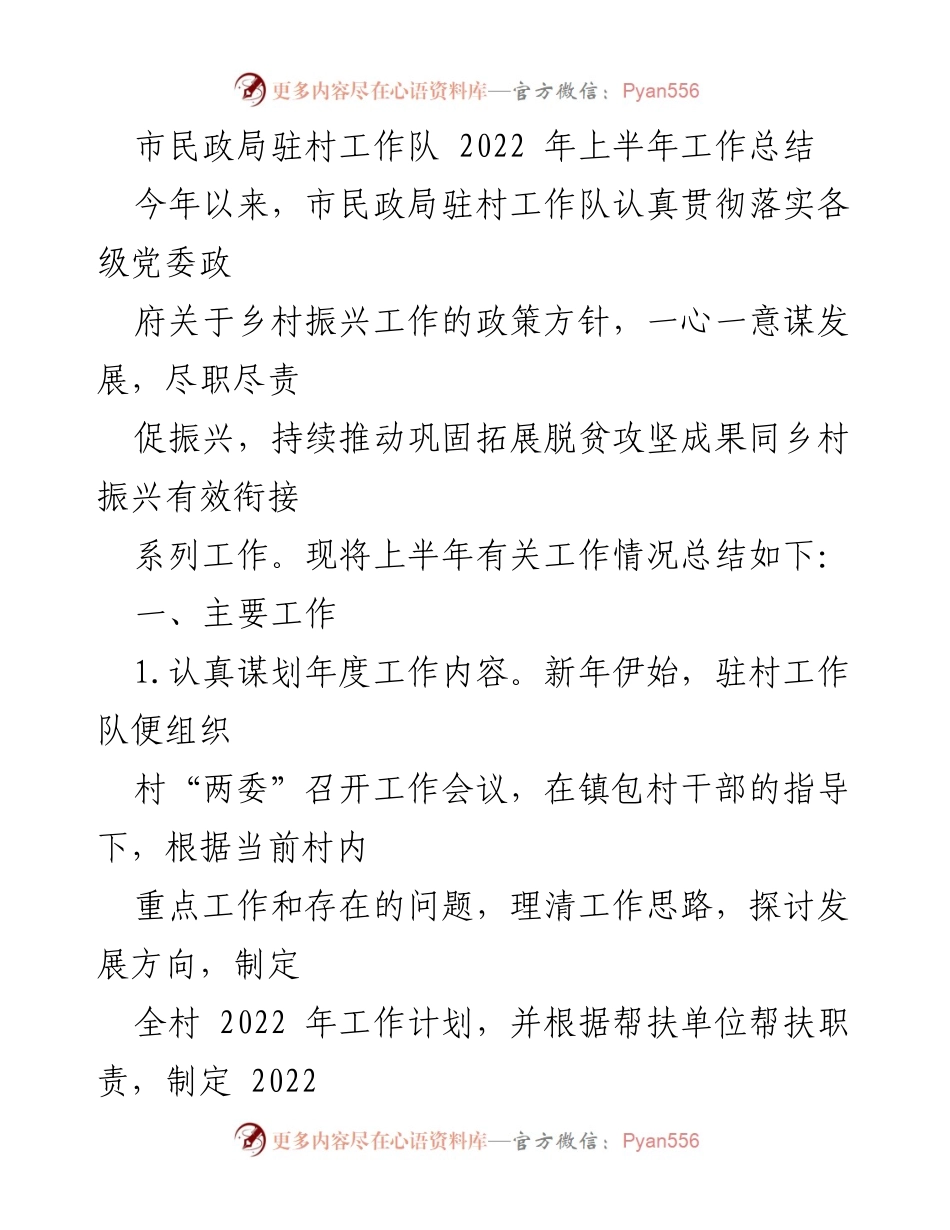 [工作总结] 市民政局驻村工作队 - 2022年上半年乡村振兴工作总结_2.docx_第1页