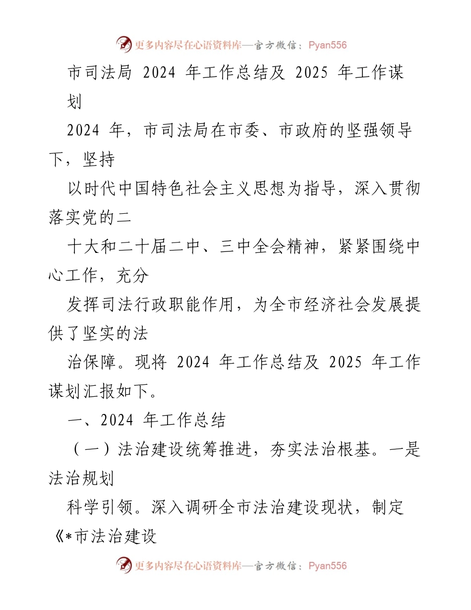 [工作总结] 市司法局 - 2024年工作总结及2025年工作谋划.docx_第1页