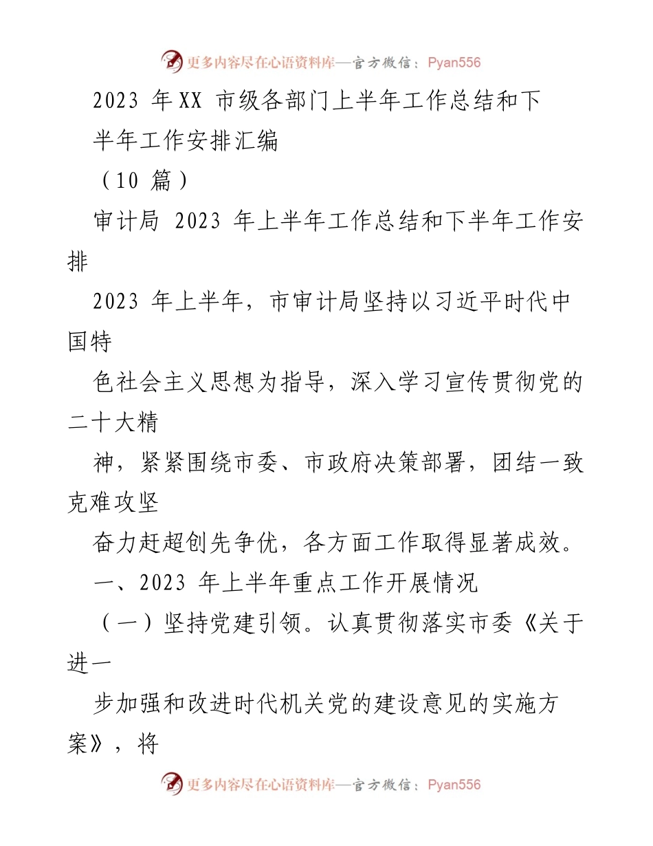 [工作总结] 市级部门 - 2023年上半年市审计局工作总结与下半年安排.docx_第1页