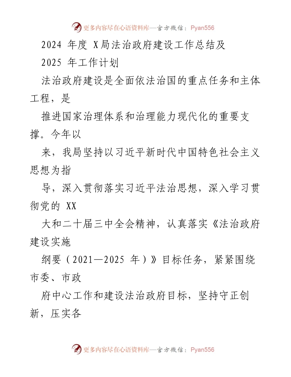 [工作总结] 年度工作汇报 - 2024年度法治政府建设工作总结及2025年工作计划.docx_第1页