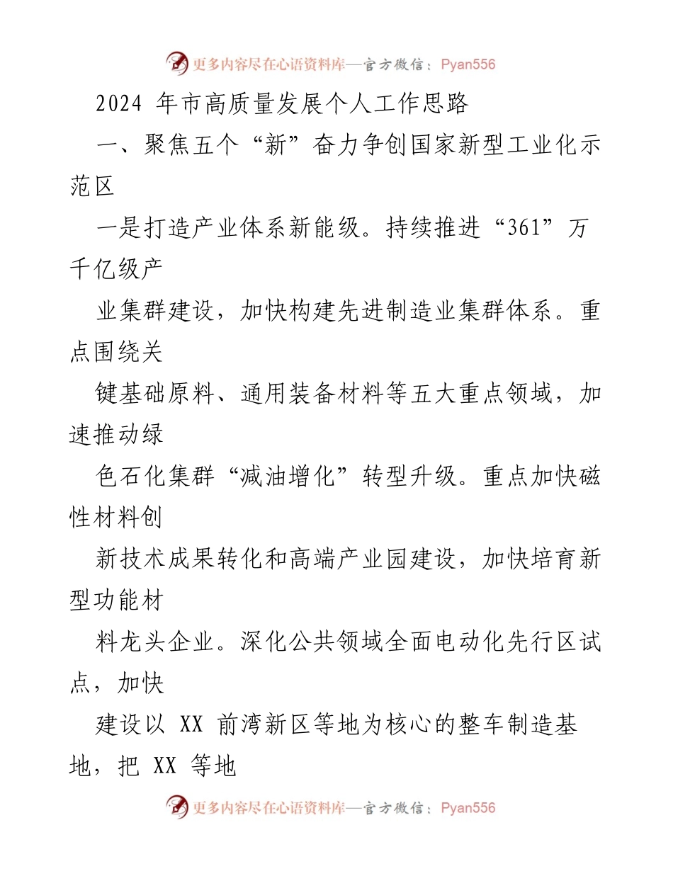 [工作总结] 市高质量发展 - 2024年市高质量发展个人工作思路与战略规划.docx_第1页