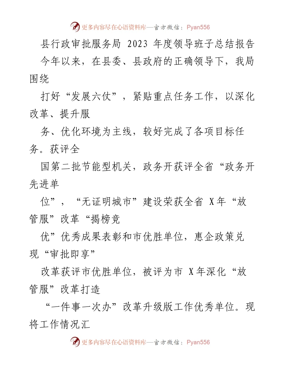 [工作总结] 年度总结 - 2023年度县行政审批服务局领导班子工作总结报告.docx_第1页