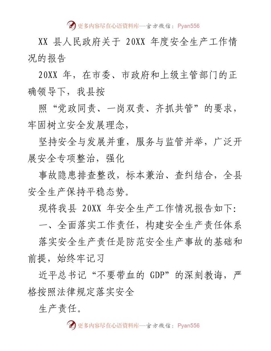 [工作总结] 安全生产 - XX县202X年度安全生产工作情况报告.docx_第1页