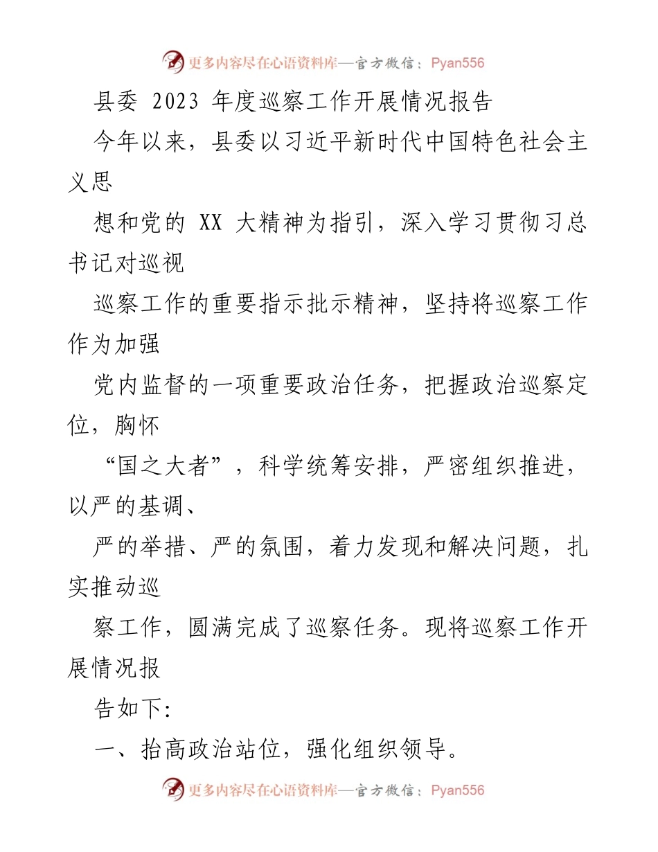 [工作总结] 巡察工作 - 2023年度县委巡察工作开展情况总结报告_1.docx_第1页