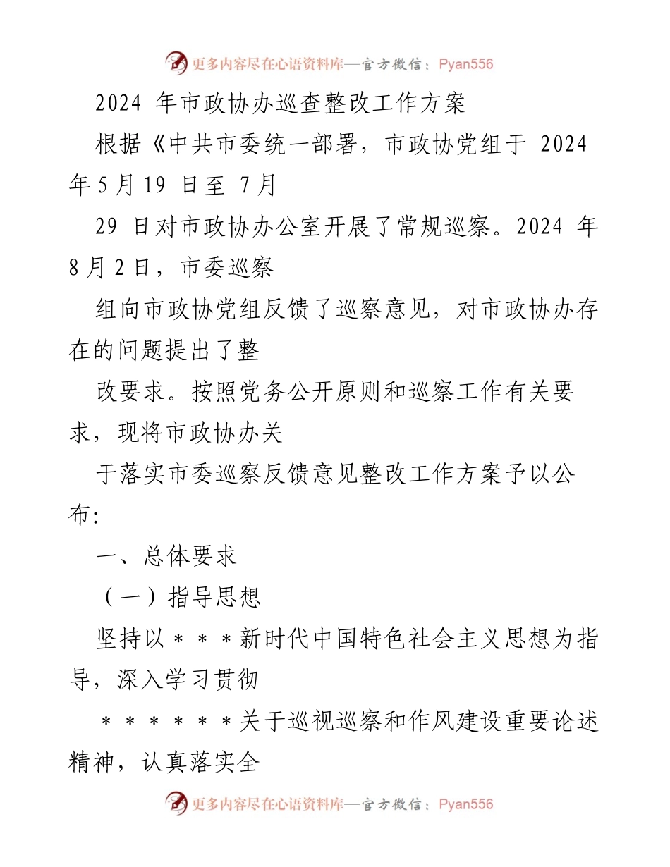 [工作总结] 市政协办 - 2024年市政协办巡查整改工作方案概述.docx_第1页
