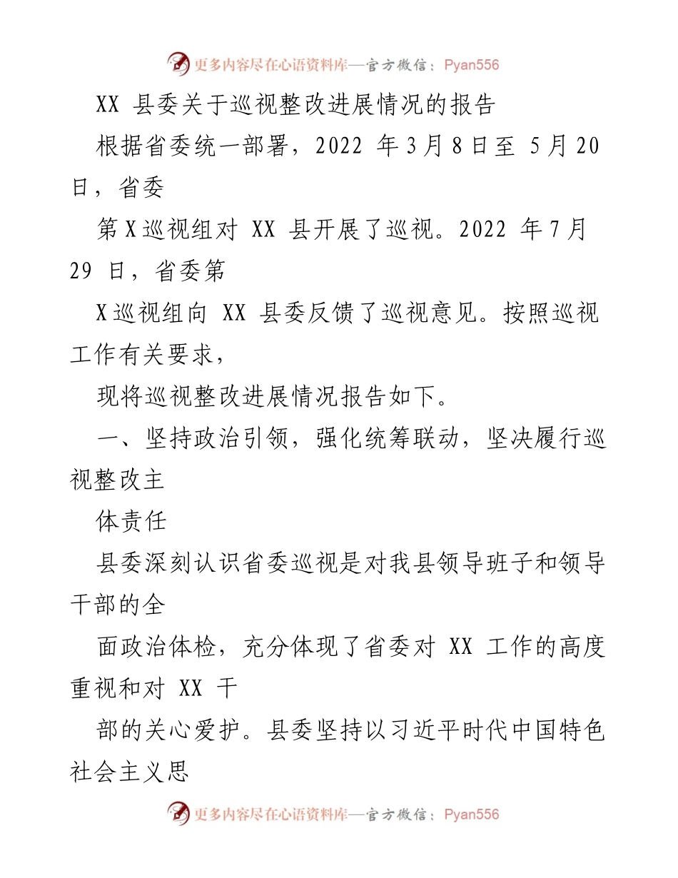 [工作总结] 巡视整改 - XX县巡视整改进展情况报告_2.docx_第1页