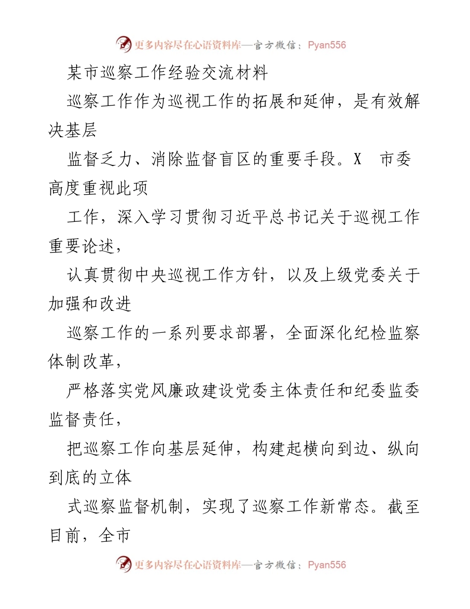 [工作总结] 巡察工作经验交流 - 某市巡察工作经验总结与实践探索_1.docx_第1页