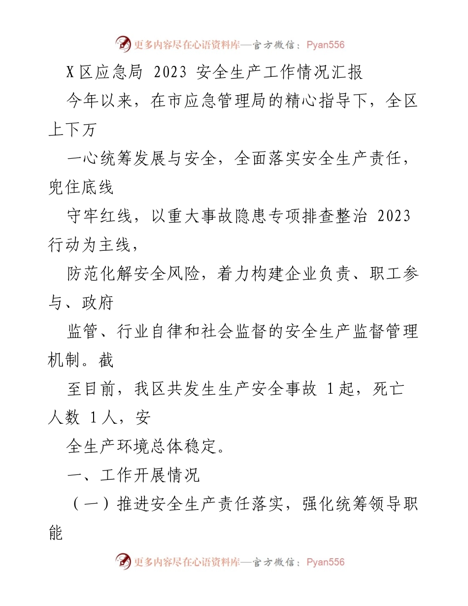 [工作总结] 安全生产 - X区2023年安全生产工作情况汇报.docx_第1页