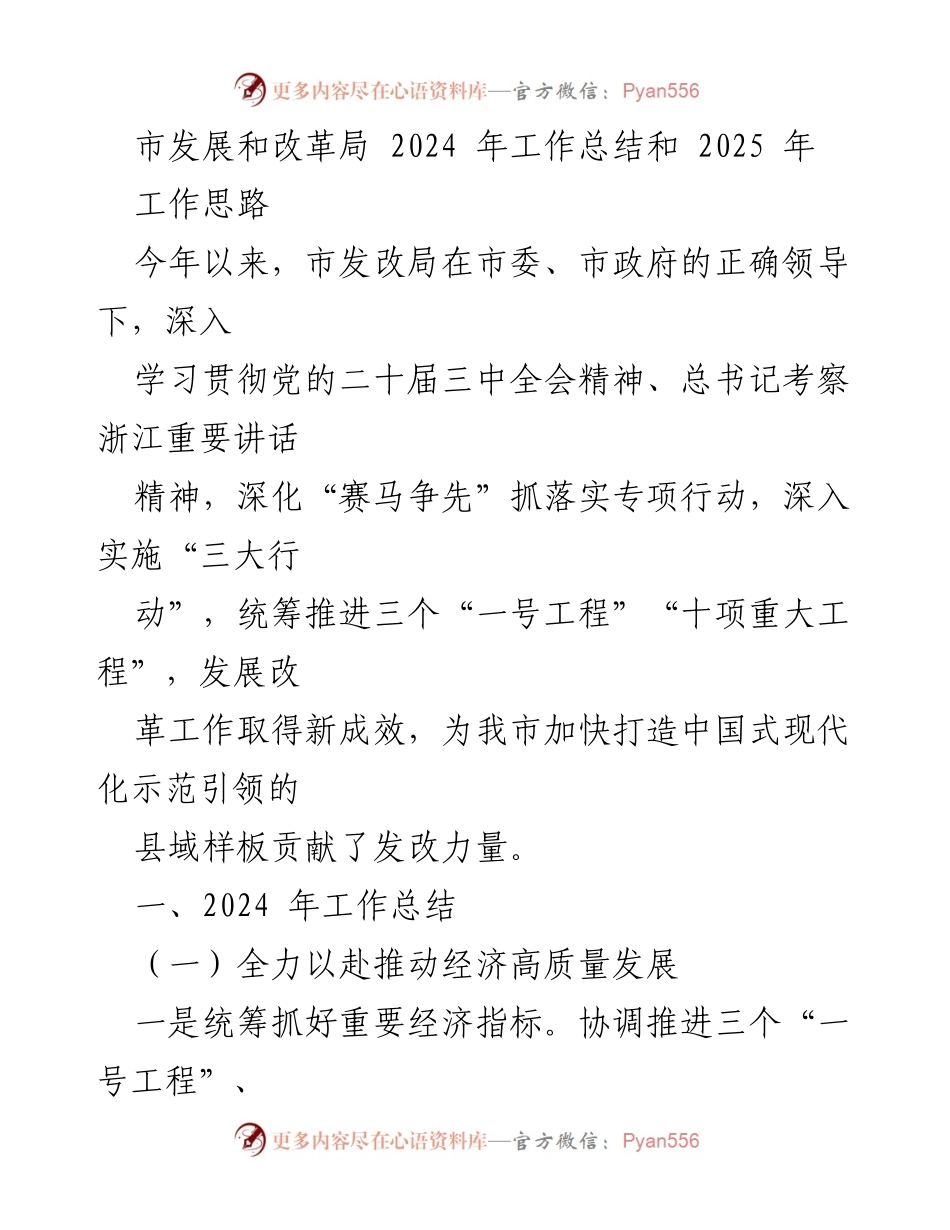 [工作总结] 市发展和改革局 - 2024年工作总结与2025年工作思路概述.docx_第1页