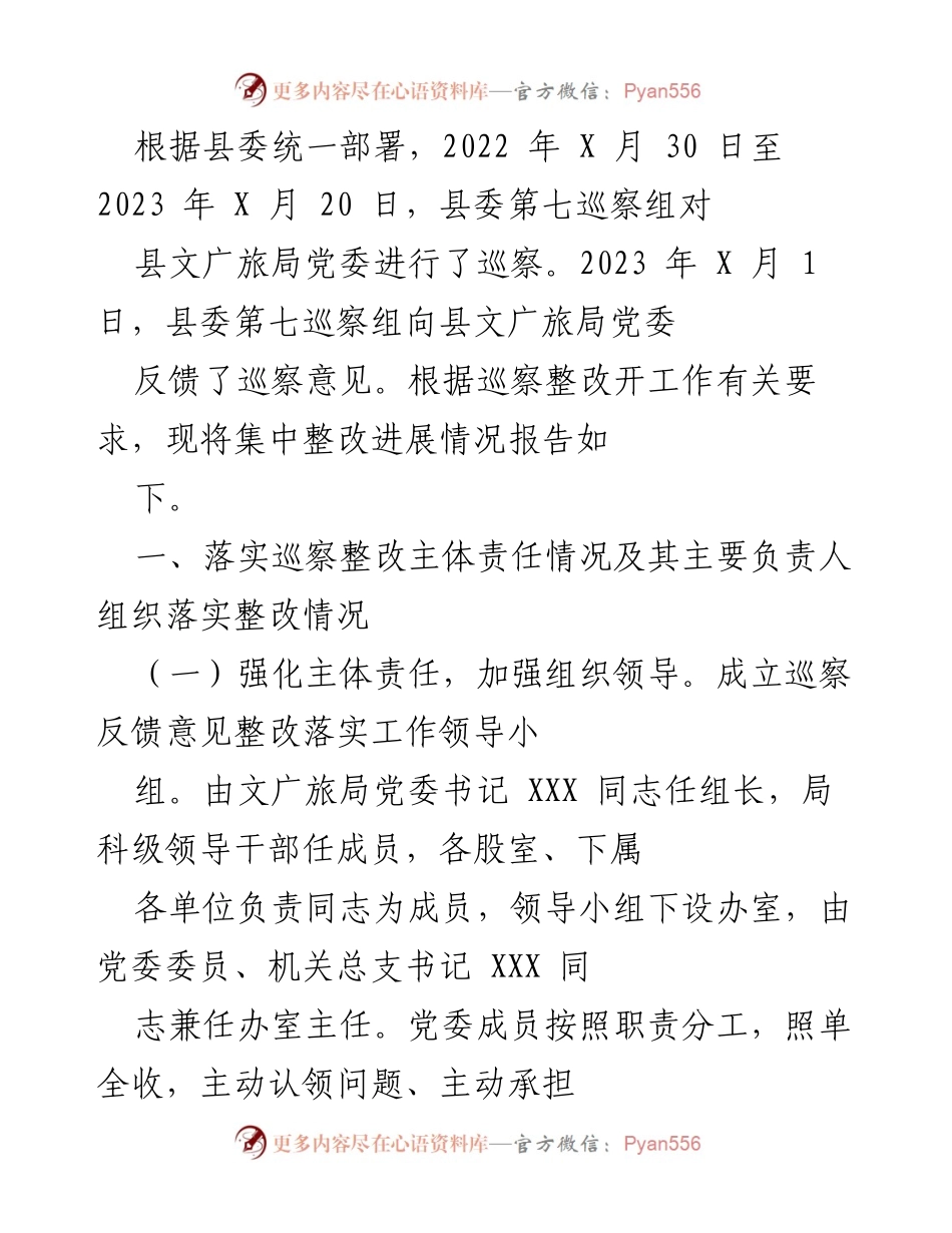 [工作总结] 巡察整改 - 县文广旅局党委巡察整改进展情况报告.docx_第1页