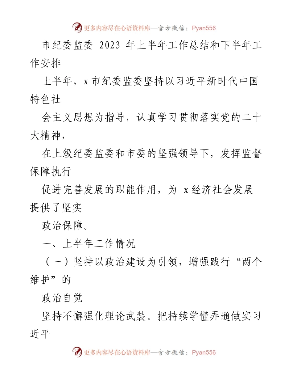 [工作总结] 市纪委监委 - 2023年上半年工作总结与下半年工作安排.docx_第1页