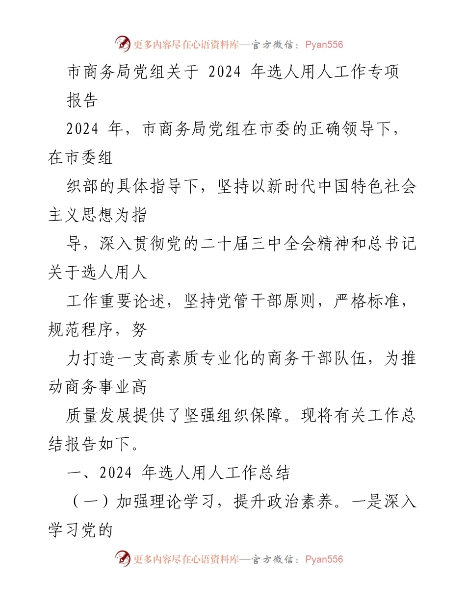 [工作总结] 市商务局 - 2024年选人用人工作专项报告总结.docx_第1页