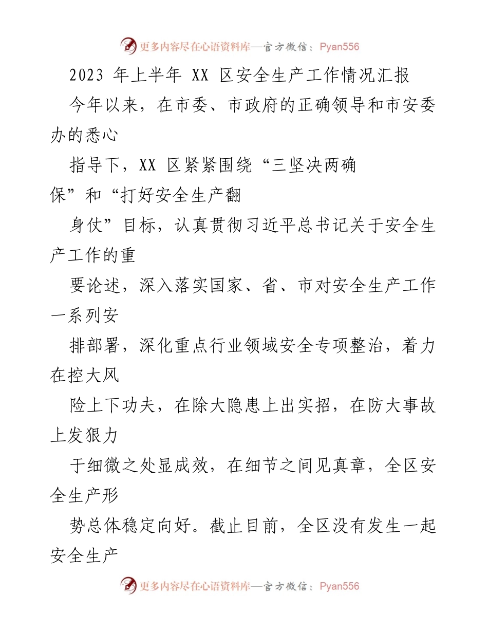 [工作总结] 安全生产工作 - 2023年上半年XX区安全生产工作情况汇报.docx_第1页