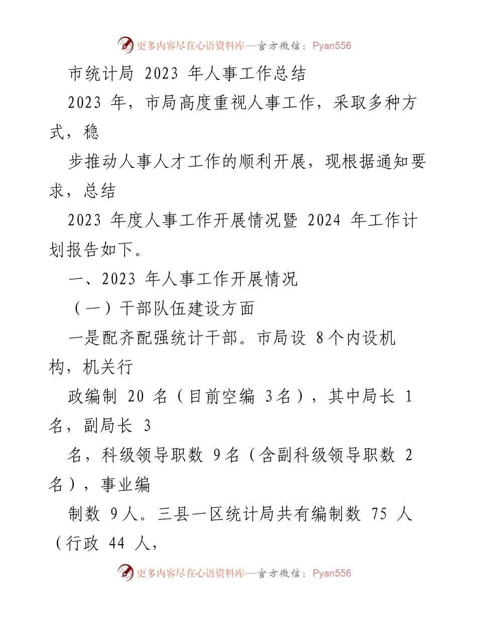 [工作总结] 市统计局 - 2023 年人事工作总结及 2024 年工作计划.docx_第1页