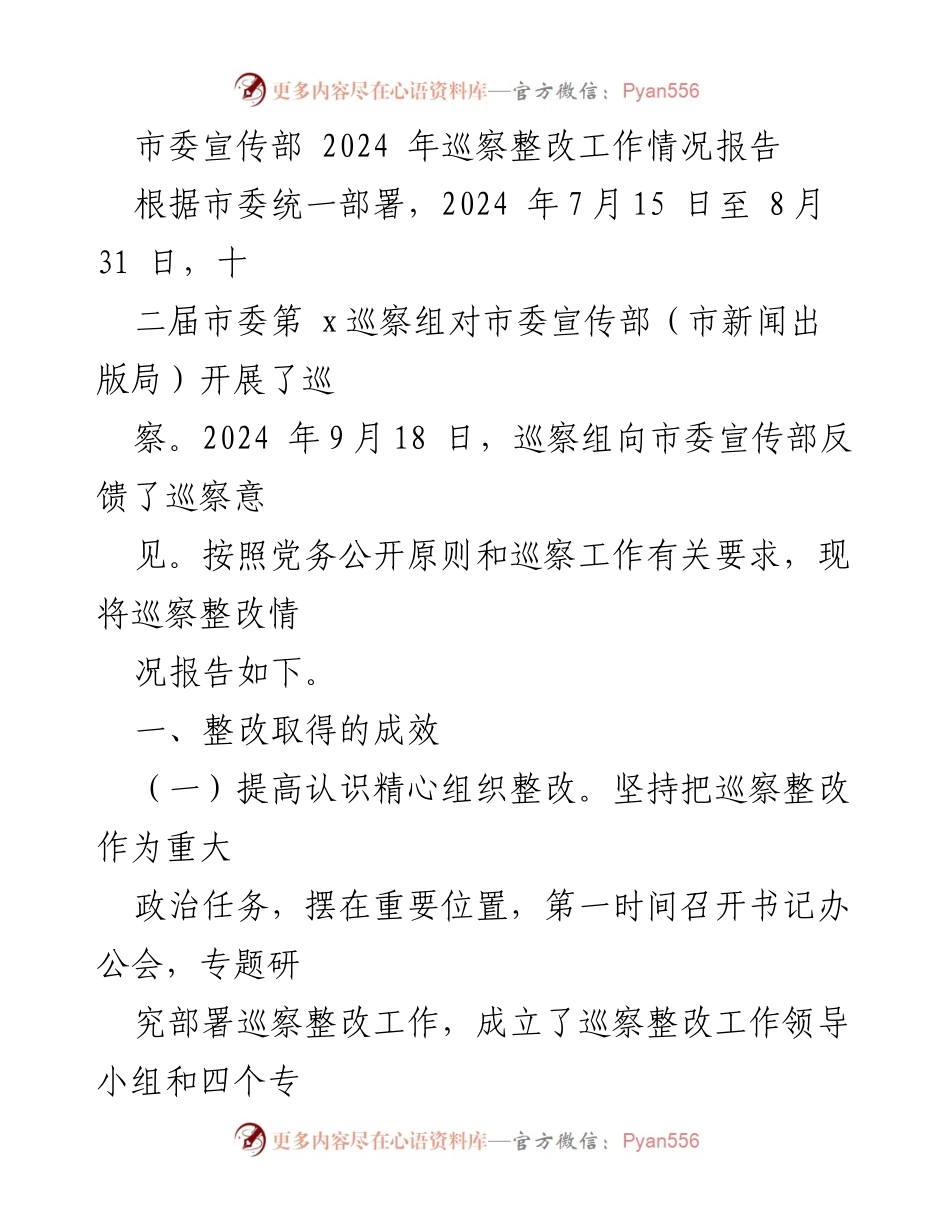 [工作总结] 巡察整改工作 - 2024年市委宣传部巡察整改工作情况报告.docx_第1页