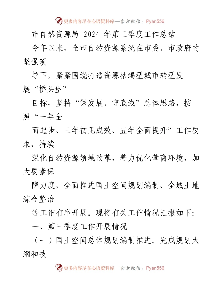 [工作总结] 市自然资源局 - 2024年第三季度自然资源工作总结报告.docx_第1页