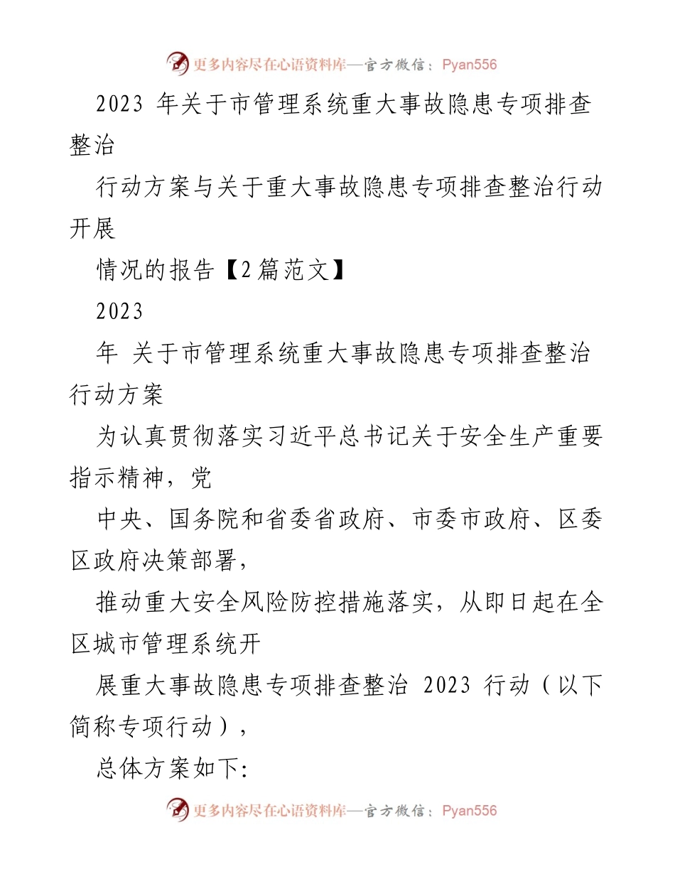 [工作总结] 安全生产专项行动 - 2023年城市管理系统重大事故隐患专项排查整治行动方案与实施报告.docx_第1页