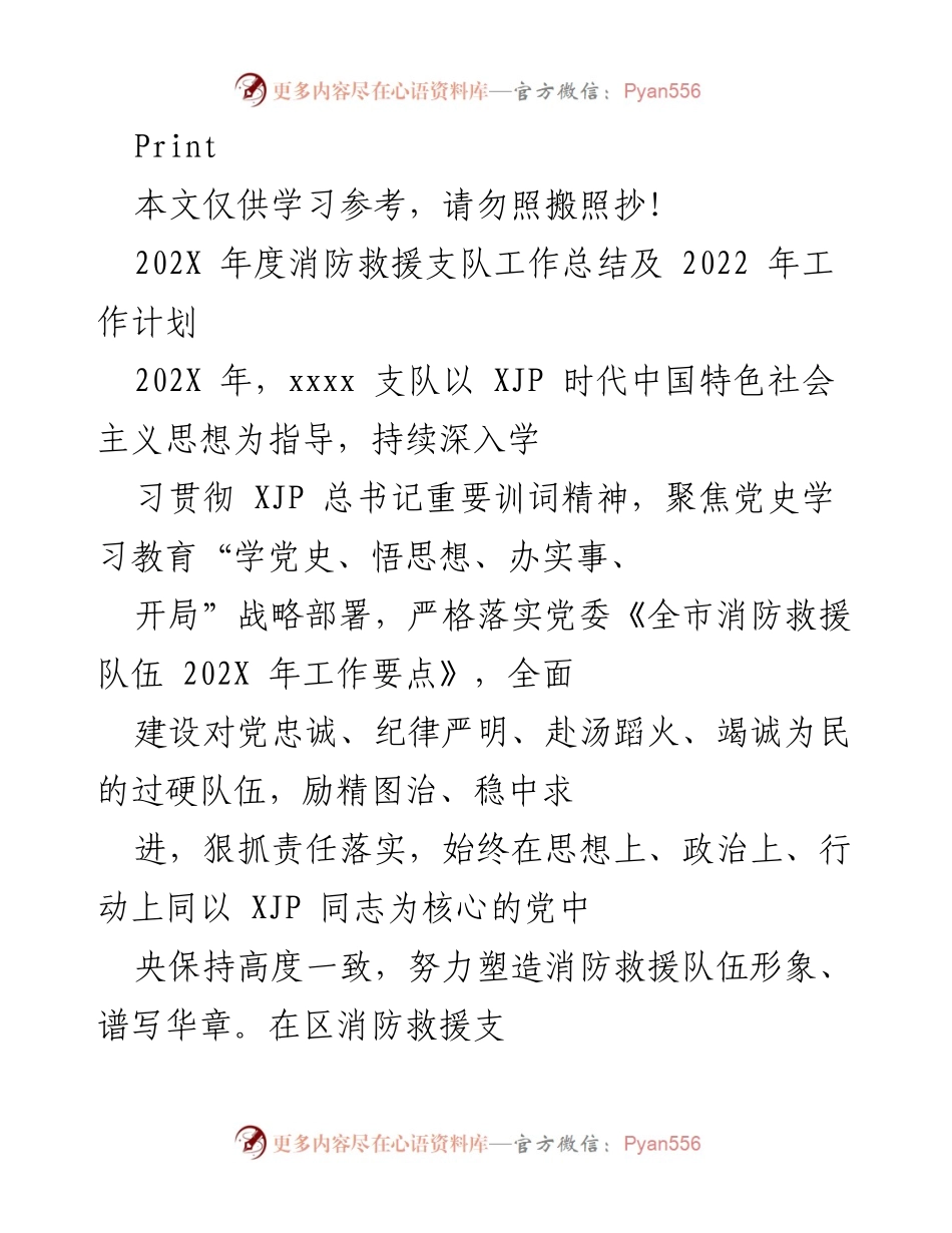 [工作总结] 年度会议 - 202X年度消防救援支队工作总结及2022年工作计划.docx_第1页