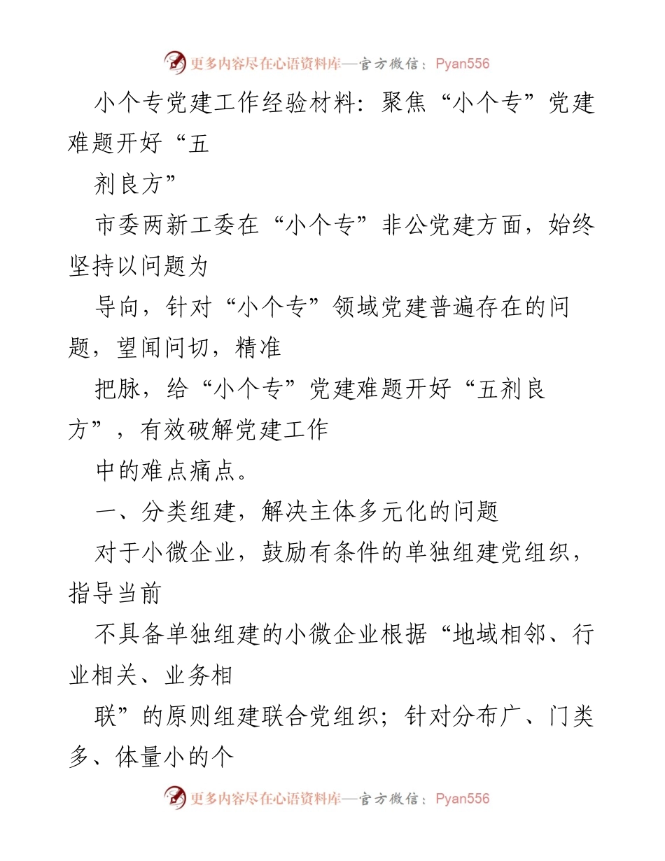 [工作总结] 小个专党建工作 - 小个专党建工作经验总结：破解难题的五剂良方.docx_第1页
