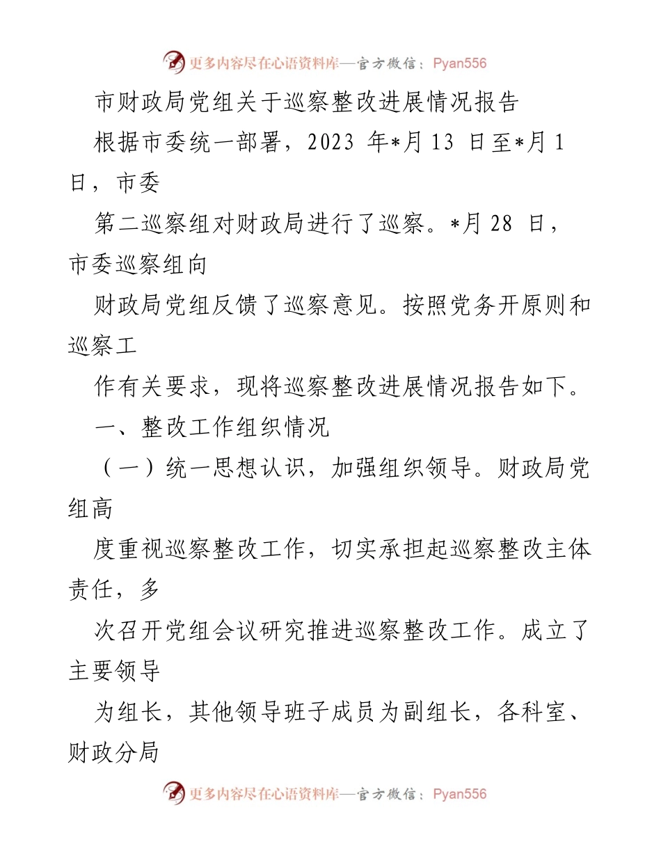 [工作总结] 巡察整改 - 市财政局巡察整改进展情况报告.docx_第1页