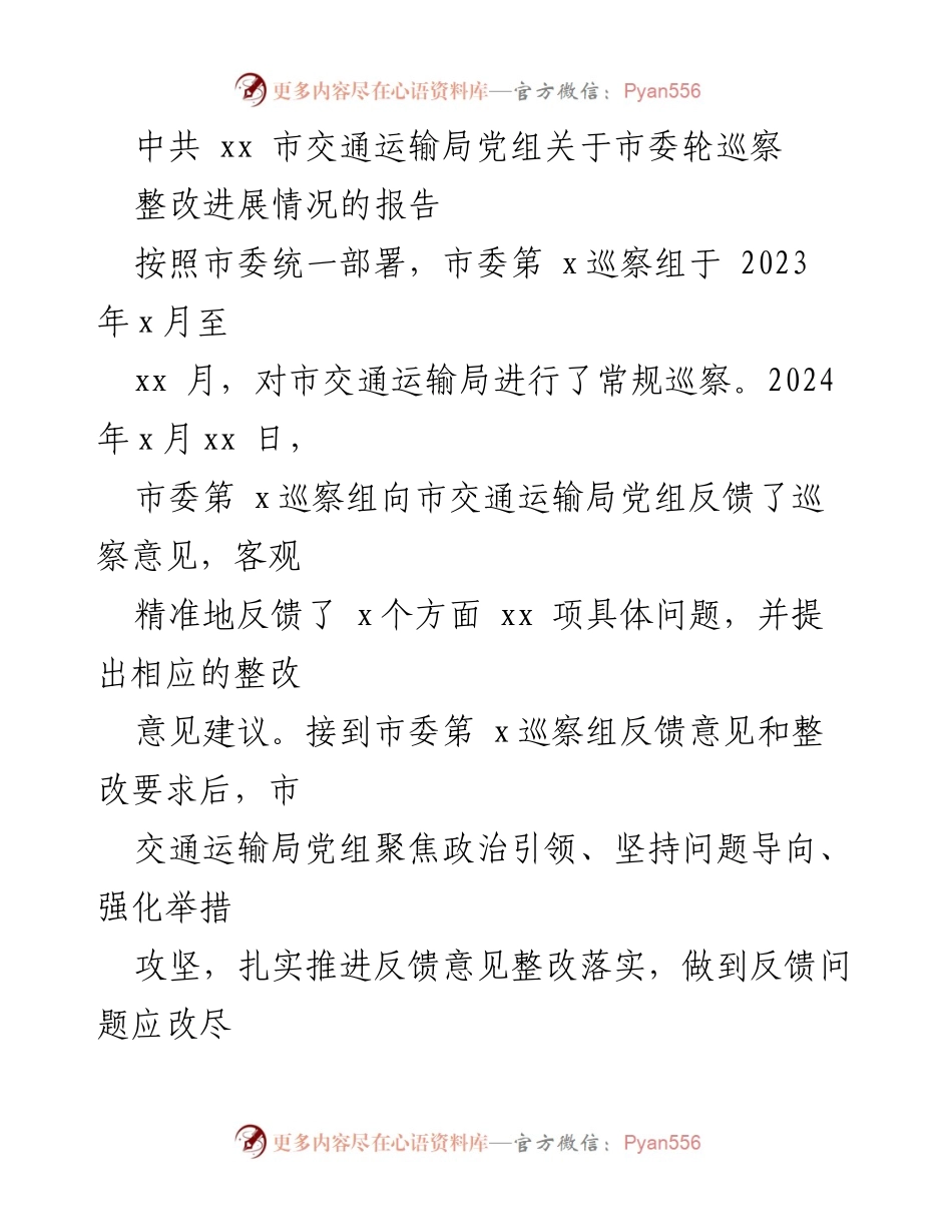 [工作总结] 巡察整改 - 市交通运输局巡察整改进展情况报告_1.docx_第1页