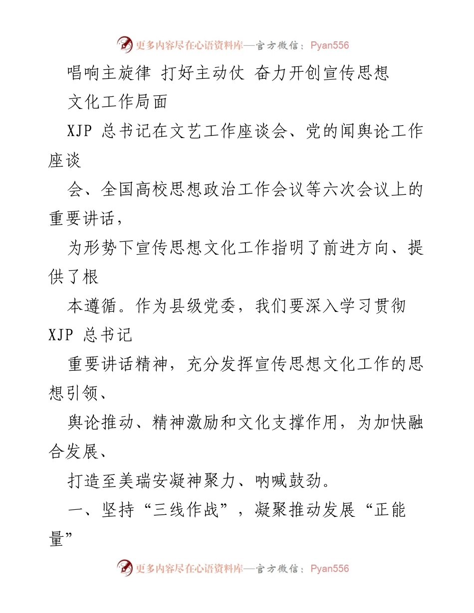 [工作总结] 宣传思想文化工作 - 深入学习贯彻XJP总书记讲话精神，推动瑞安宣传思想文化工作新发展.docx_第1页
