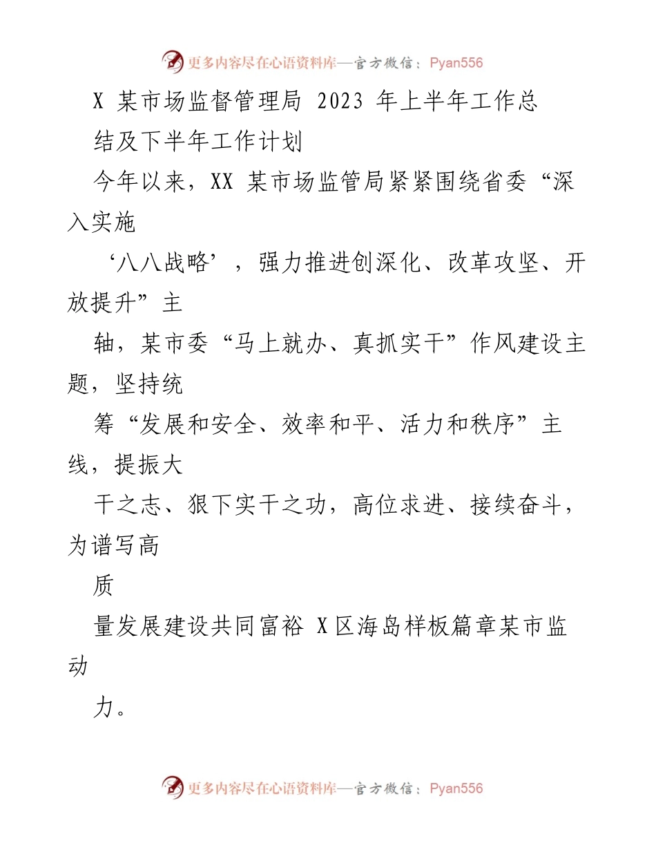[工作总结] 市场监督管理局 - 2023年上半年工作总结及下半年工作计划.docx_第1页