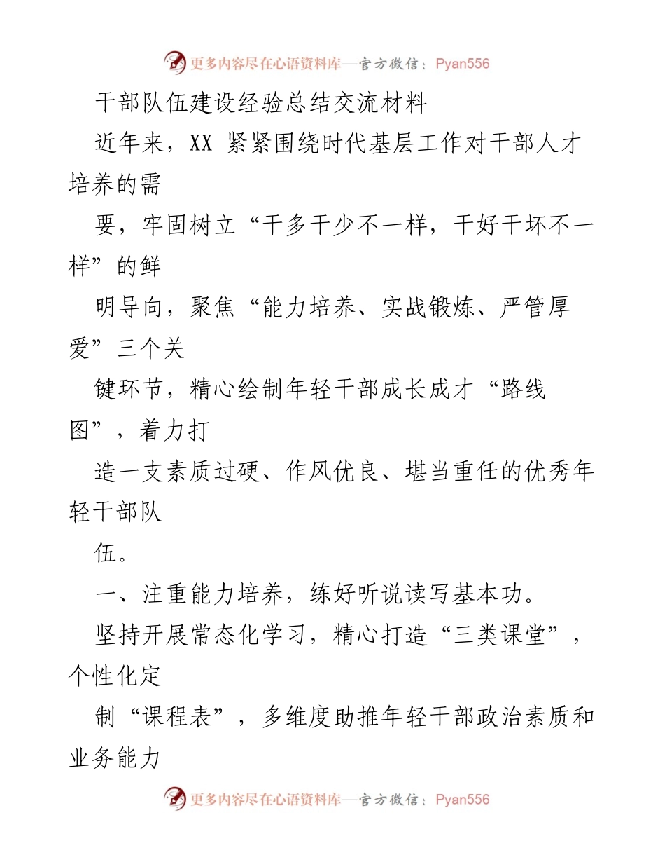 [工作总结] 干部队伍建设 - 年轻干部成长成才的经验总结与实践探索.docx_第1页