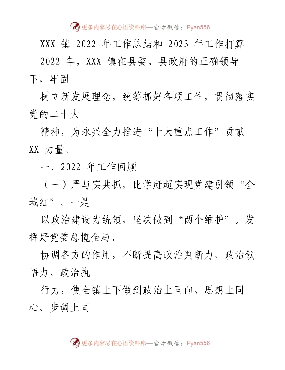 [工作总结] 年度总结 - XXX 镇2022年工作总结与2023年发展计划.docx_第1页