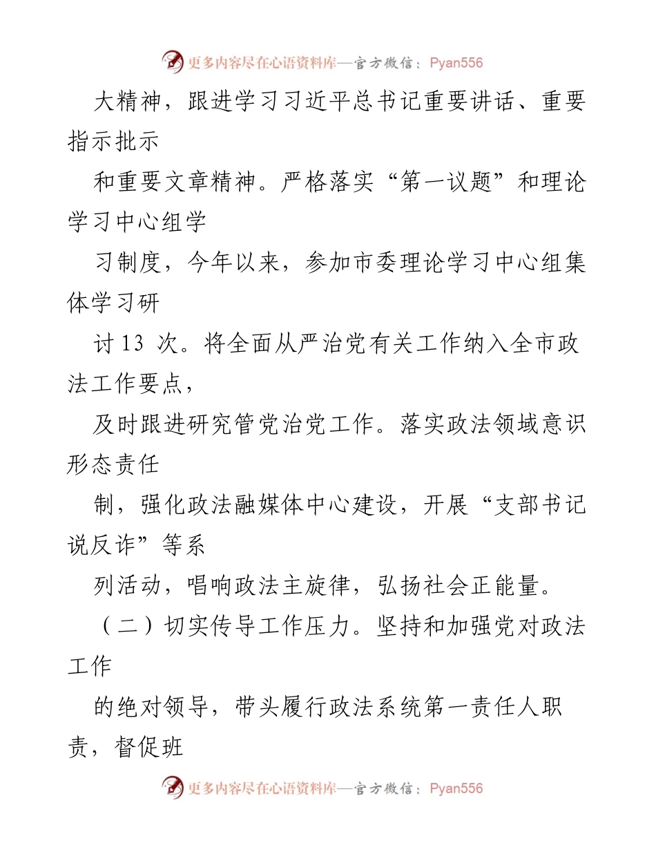 [工作总结] 市政法委 - 市政法委书记全面从严治党责任履行情况汇报.docx_第2页