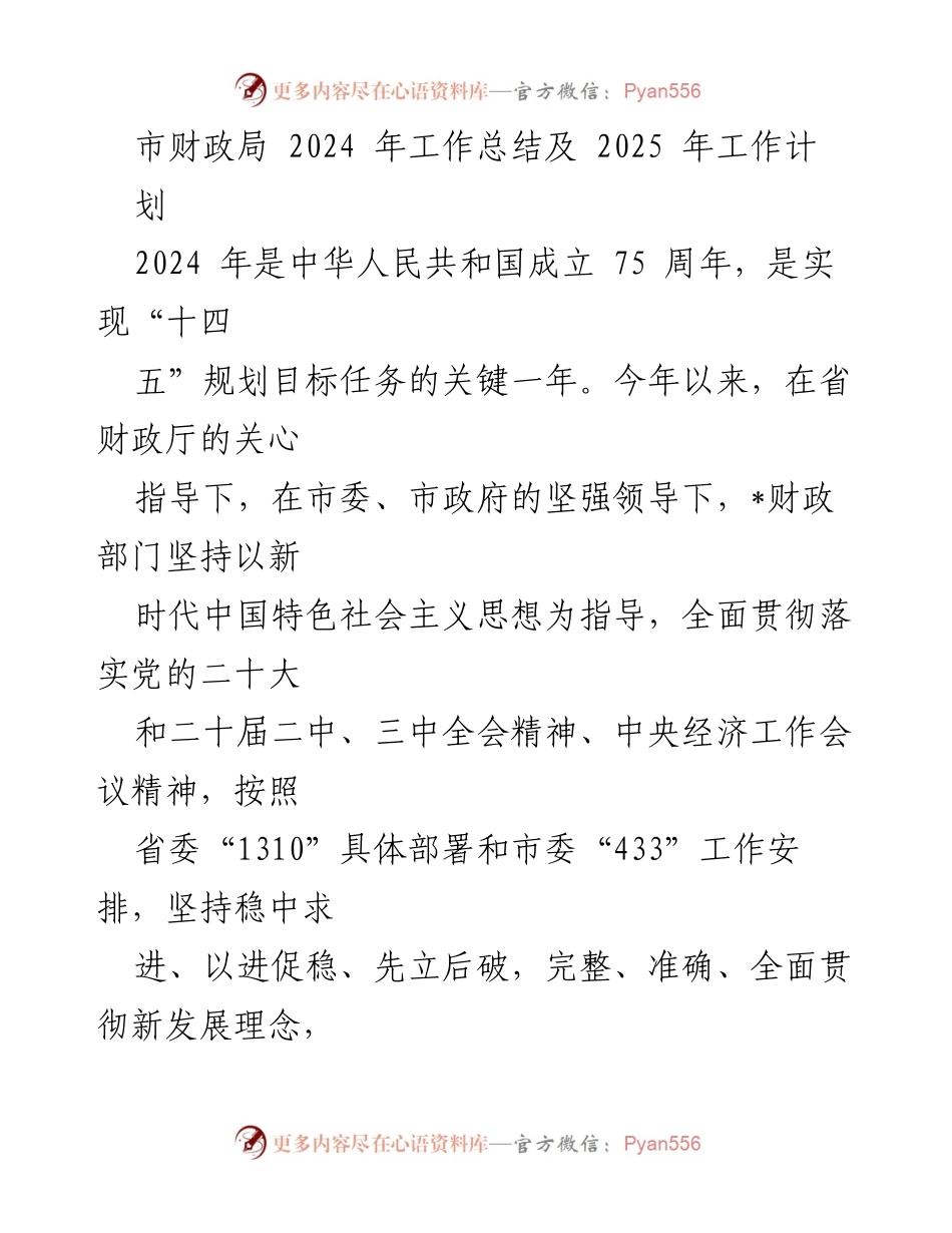 [工作总结] 市财政局 - 2024年工作总结及2025年工作计划.docx_第1页