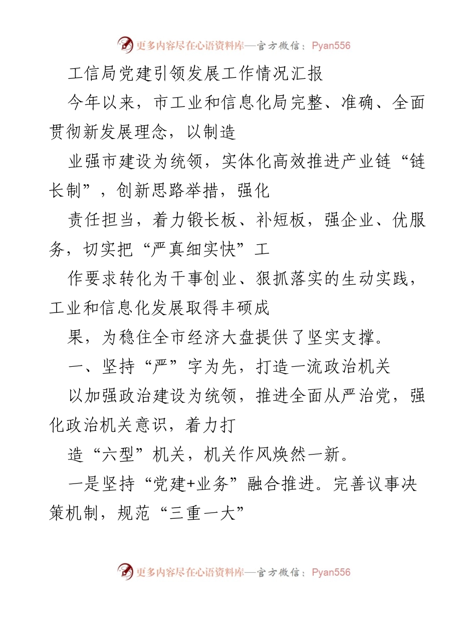 [工作总结] 工信局党建工作 - 工信局党建引领发展工作情况汇报_1.docx_第1页