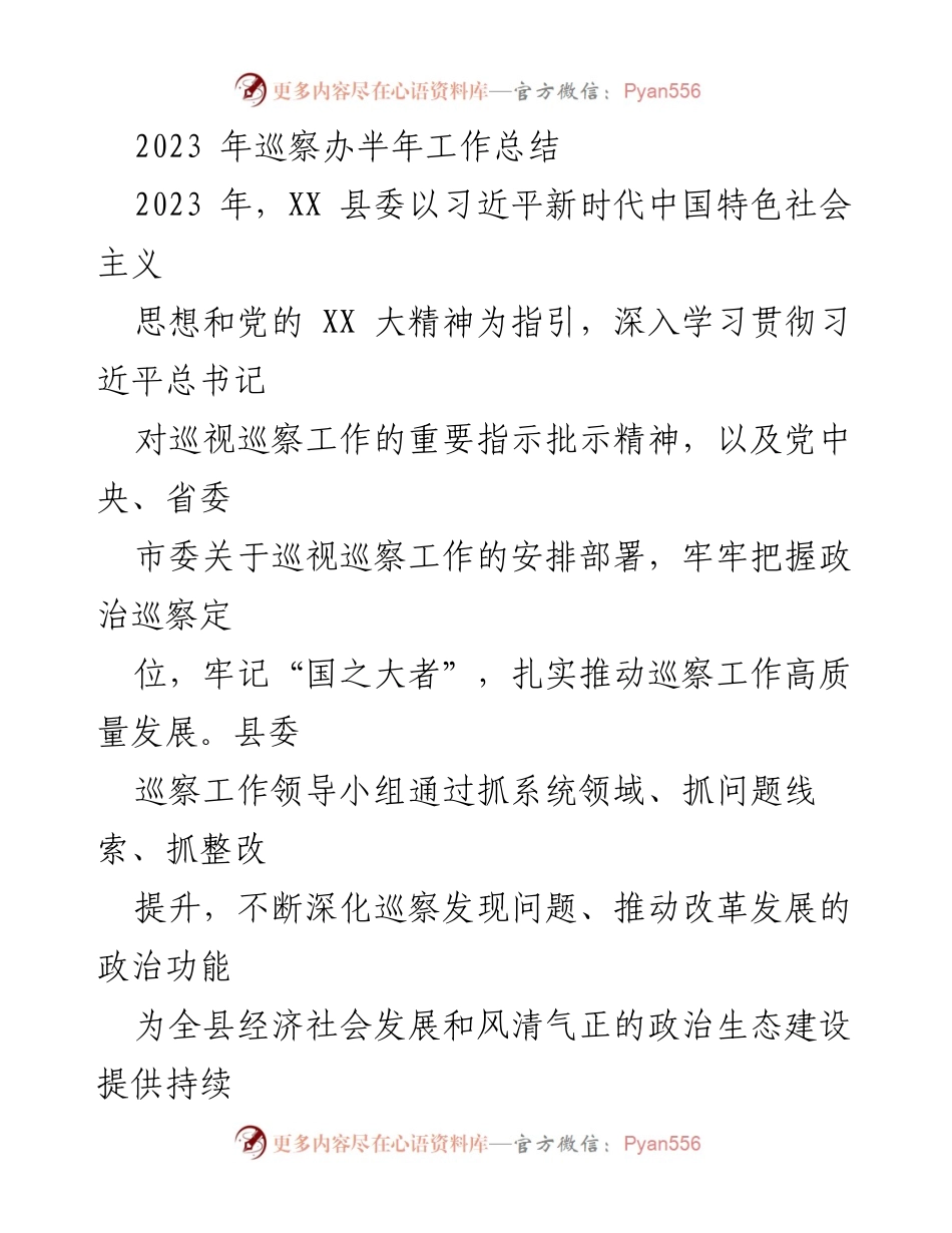 [工作总结] 巡察工作 - 2023年XX县巡察办半年工作总结_1.docx_第1页