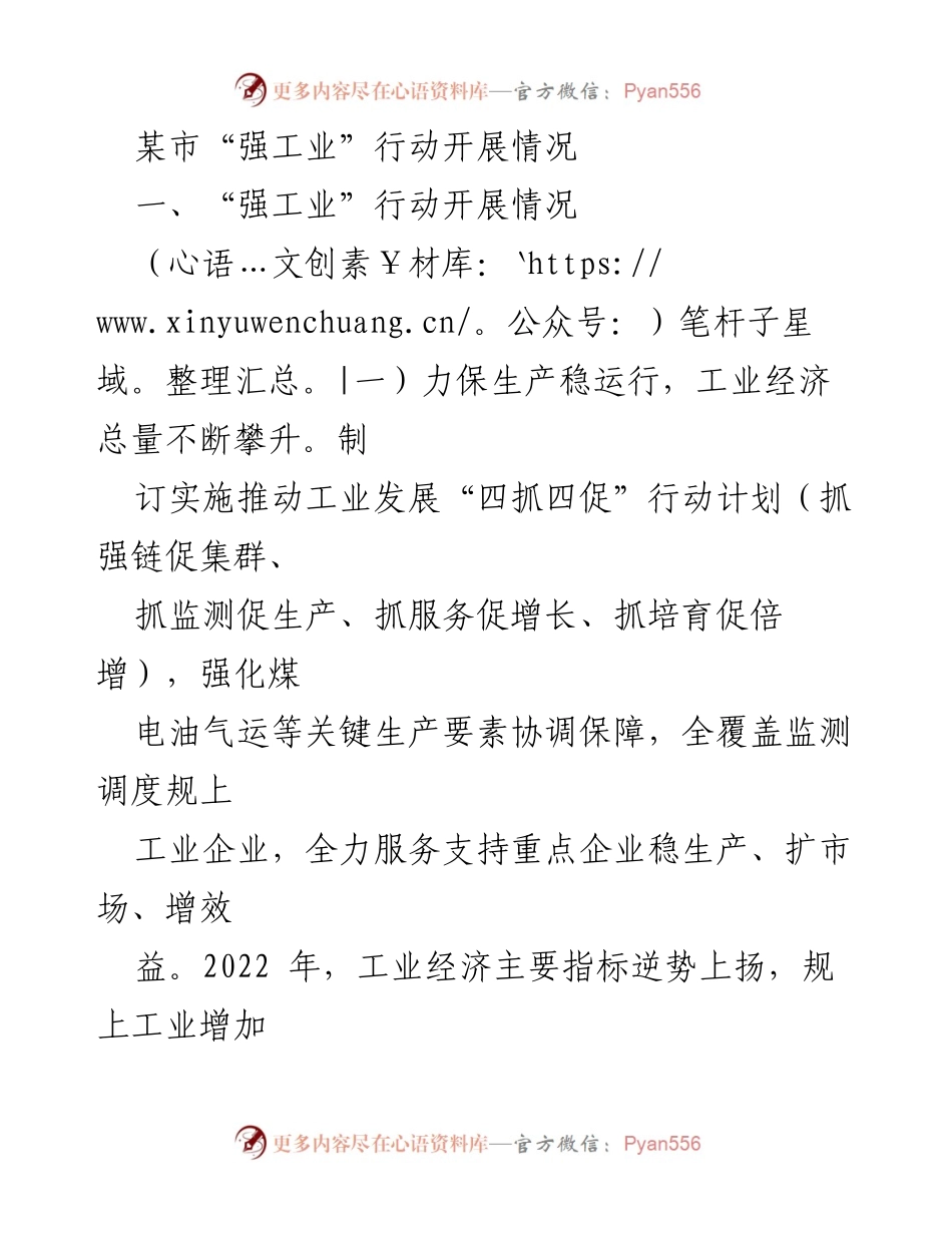 [工作总结] 工业发展 - 某市“强工业”行动开展情况总结.docx_第1页