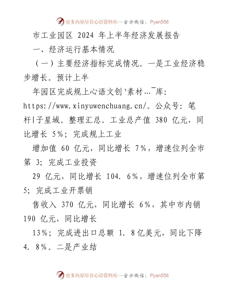 [工作总结] 市工业园区 - 2024年上半年经济发展情况分析报告.docx_第1页