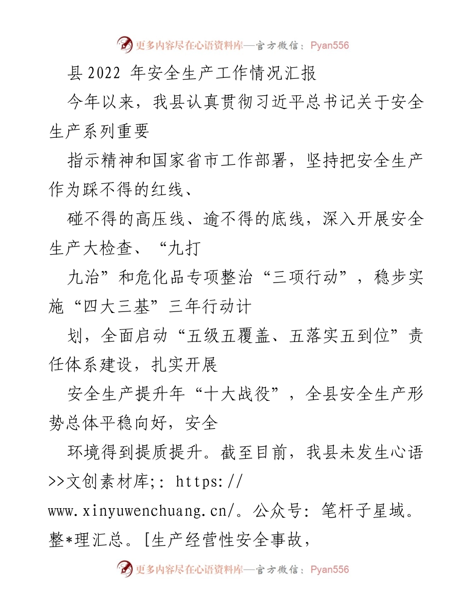 [工作总结] 安全生产工作 - 2022年县安全生产工作情况汇报.docx_第1页