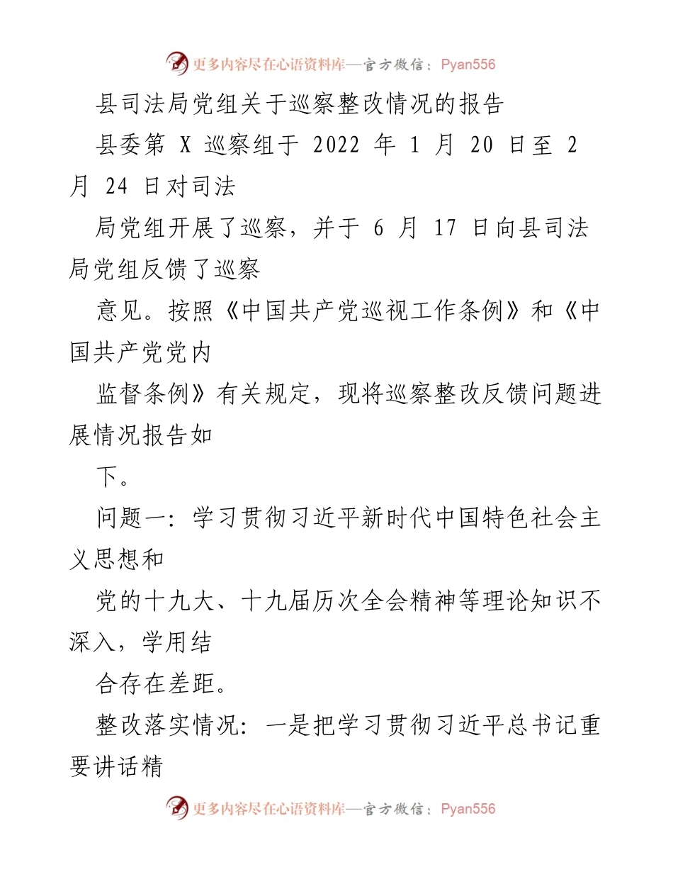 [工作总结] 巡察整改 - 县司法局党组巡察整改情况报告.docx_第1页