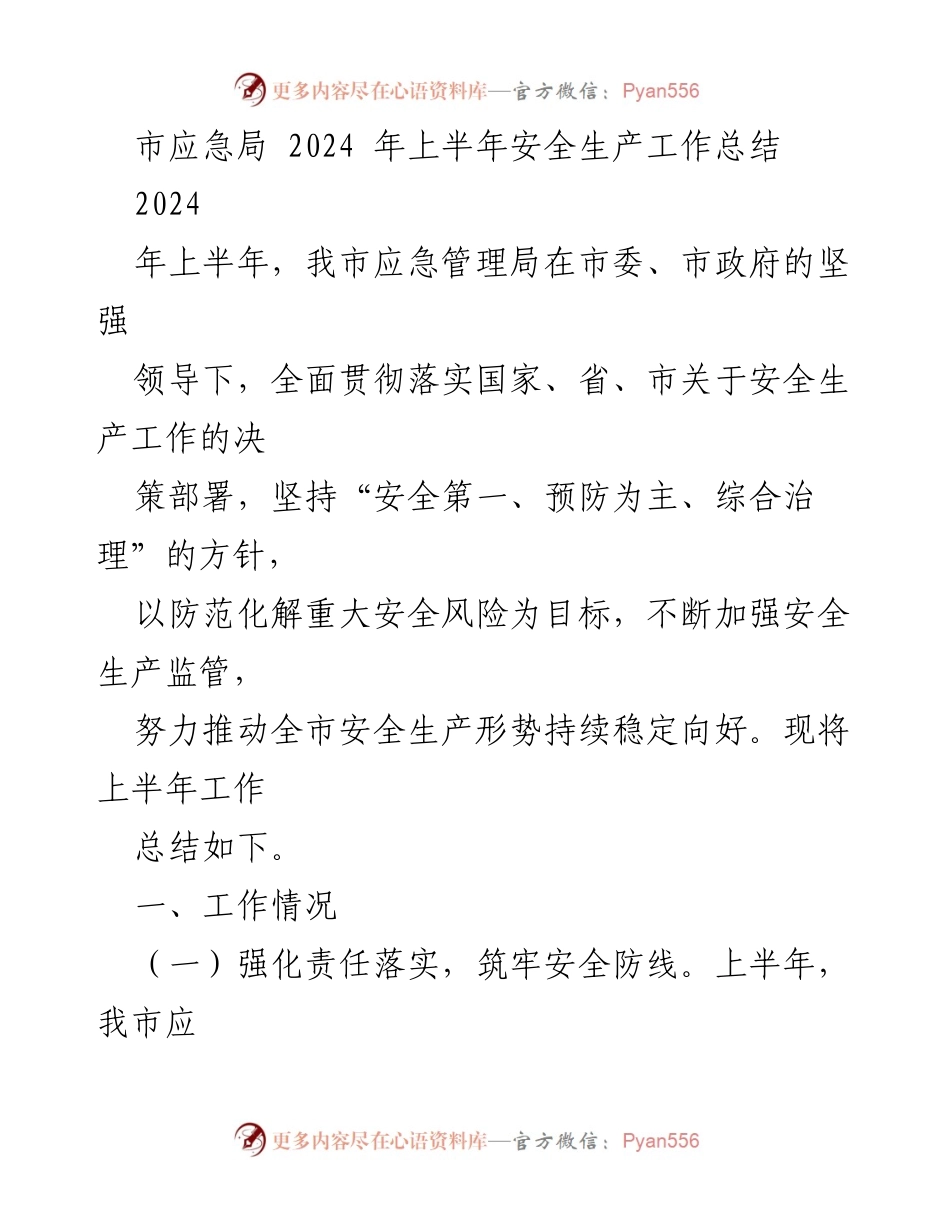 [工作总结] 市应急局 - 2024年上半年安全生产工作总结与反思.docx_第1页