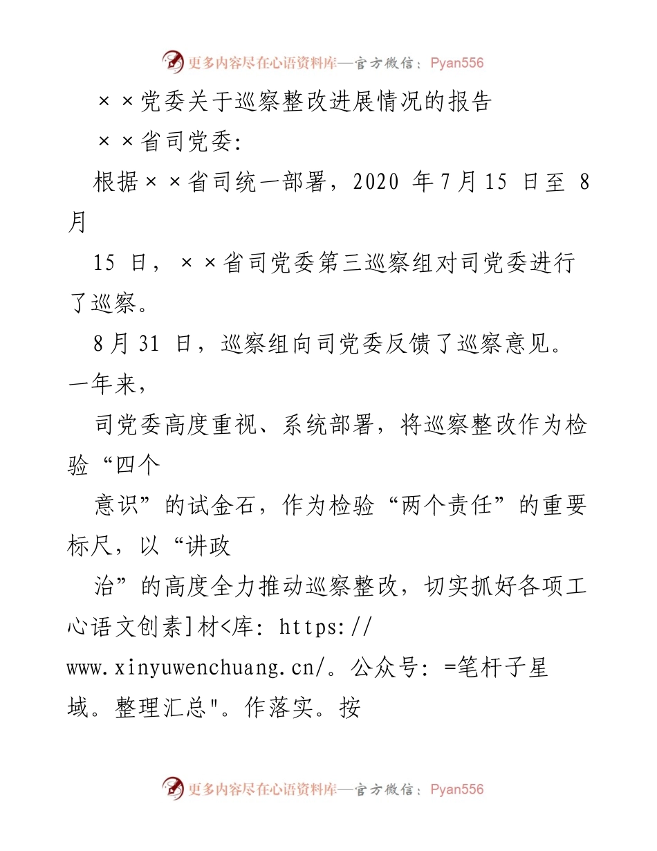 [工作总结] 巡察整改 - ××省司党委巡察整改进展情况报告.docx_第1页