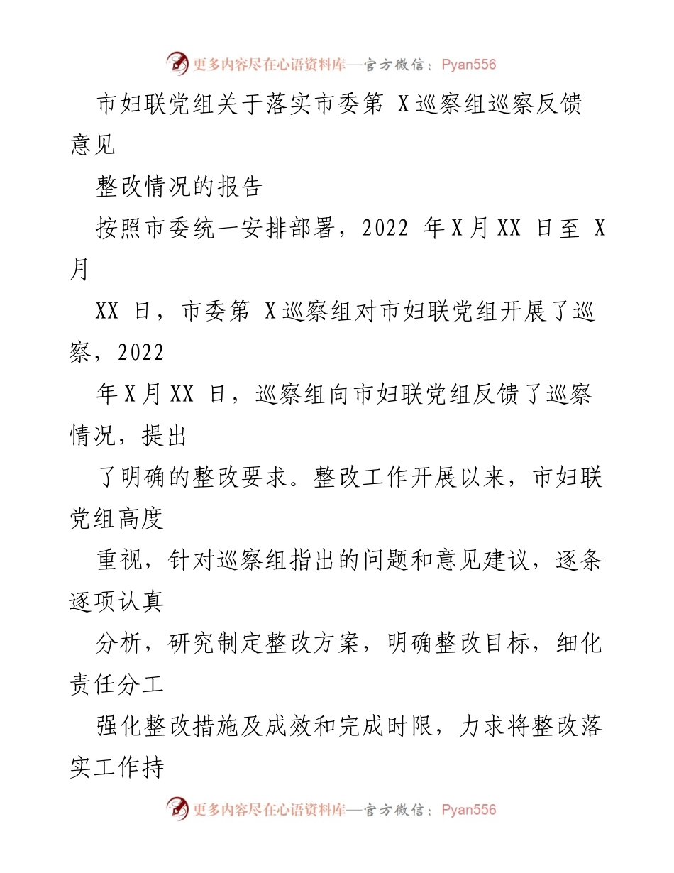 [工作总结] 巡察整改 - 市妇联党组巡察整改落实情况报告.docx_第1页